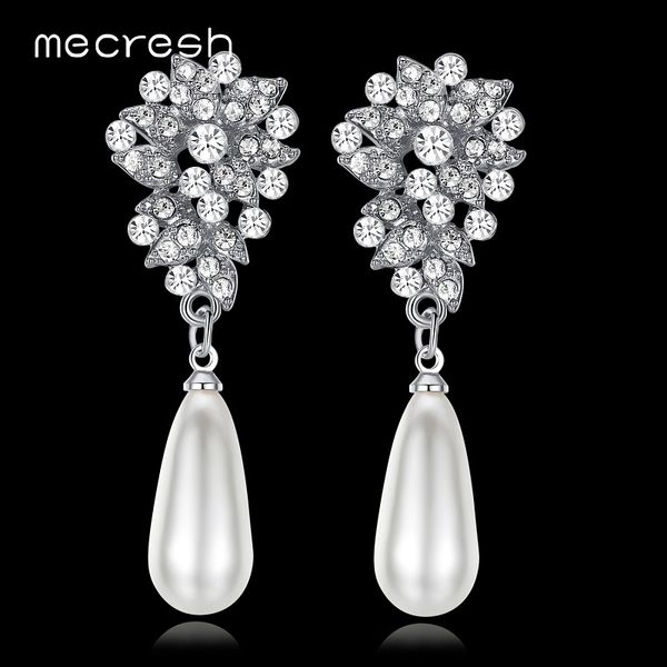 

mecresh new spring simulated pearl bridal drop earrings for women leaves crystal party hanging brincos wedding jewelry meh1024, Silver