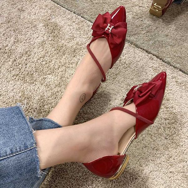 

fairy patent leather pointed toe bowknot sandals women cover toe flat shoes women comfy slip on cover heels femmes sandalias2020, Black