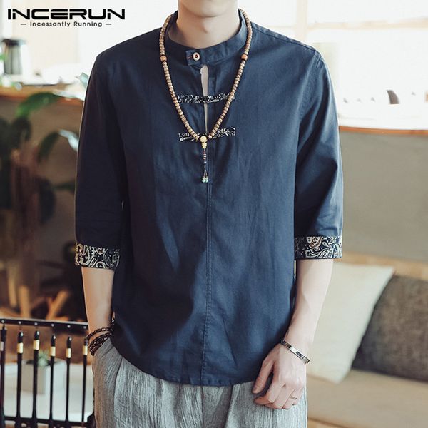 

incerun chinese style men shirts stand collar button 3/4 sleeve casual shirt men ethnic cotton camisa masculina plus size 2019, White;black