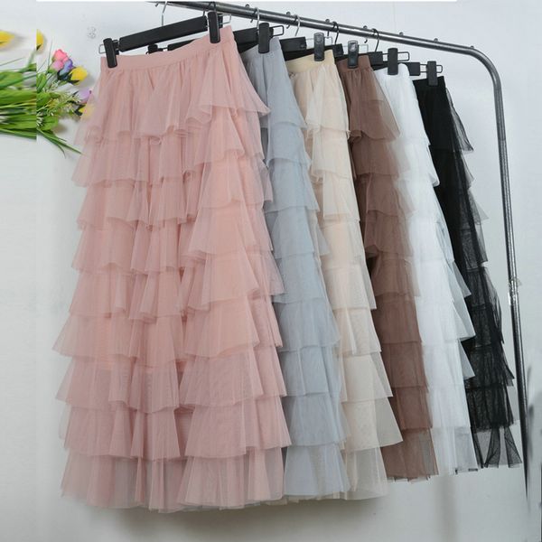 

candy multi-layer tiered ankle length tulle skirts mesh cakee layered high waisted long skirts, Black;gray