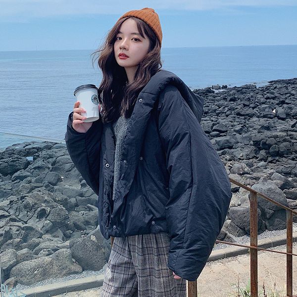 

2019 new fashion winter jakcet women hooded collar solid loose casual tide double breasted cotton coat female f342, Black
