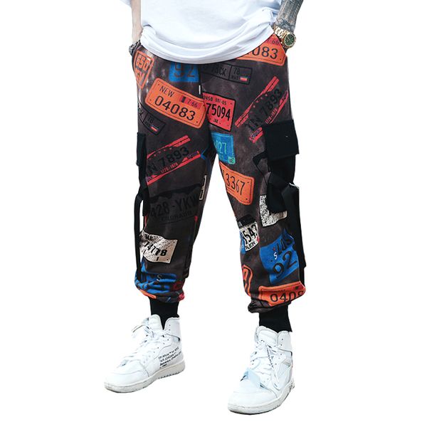 

multi pockets print color block patchwork harem joggers pants men 2020 streetwear harajuku hip hop casual sweatpants trousers, Black