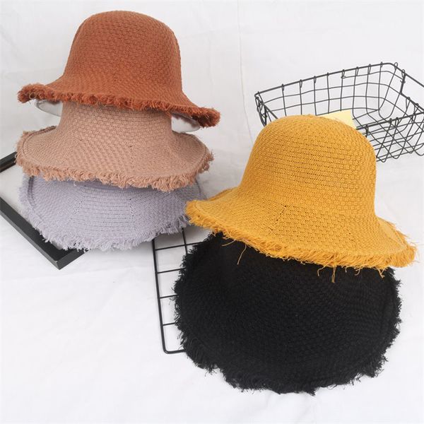 

summer women knitted bucket hats breathable outdoors travel large brim sun visors fashion korea dome caps collapsible beach hat, Blue;gray