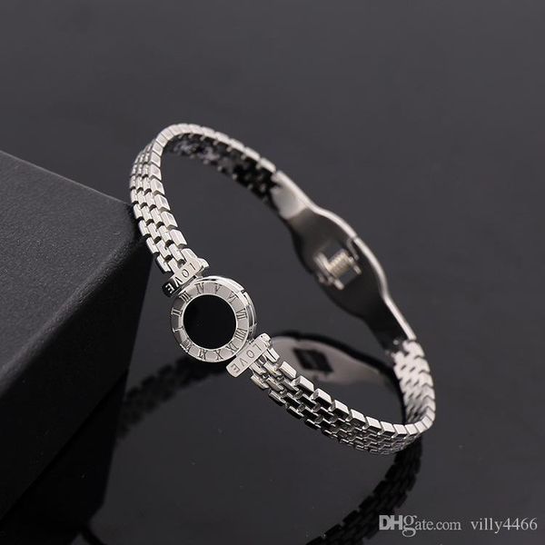 

wholesale-titanium steel black roman numerals bracelet&bangle grid snap fastener titanium steel love bracelet for woman gift
