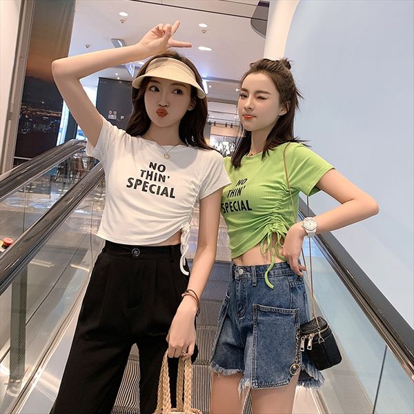 

2020 drawstring sleeve round collar t-shirt female short 2020 drawstring short sleeve round collar t-shirt female, White