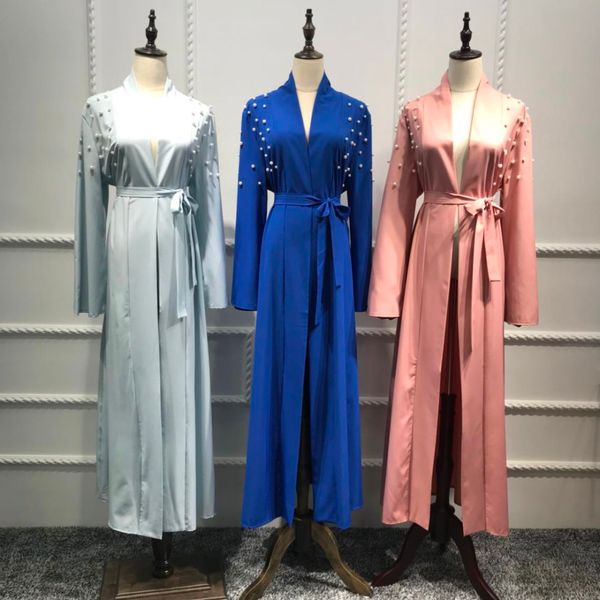 

women clothing hand pearl beading patch designs muslim cardigan abaya islamic maxi dress middle east kaftan turkish robes kimono 3 color, Red