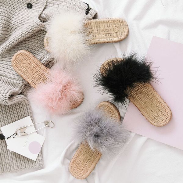 

xiniu fur slippers women fluffy sliders comfort with feathers furry summer flats sweet ladies shoes size home outdoor #0612, Black