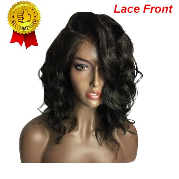 

short wavy brazilian 13x4 lace front human wigs with baby hair natural black color 20inch bob wig pre plucked remy hair bea163