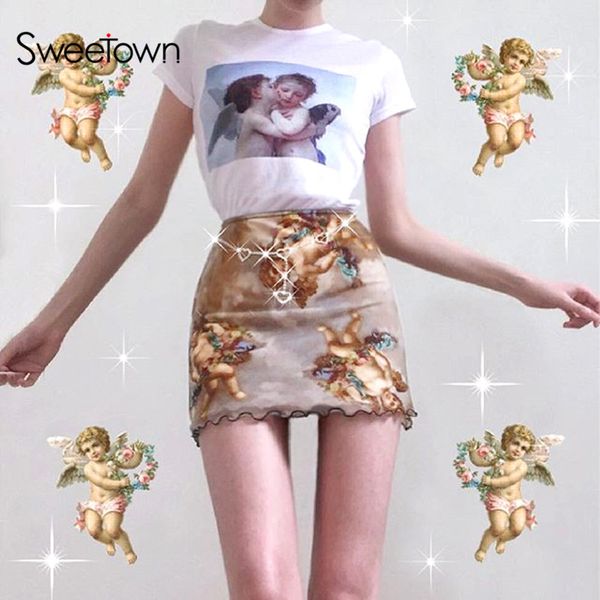 

sweetown harajuku angel print kawaii summer skirt mesh patchwork double layer cute skirts womens elastic high waist pencil skirt, Black