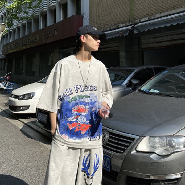 

men's summer jogger suits printed round neck short-sleeved t-shirt suit men and women sports loose two-piece new stylish printed tracks, Gray