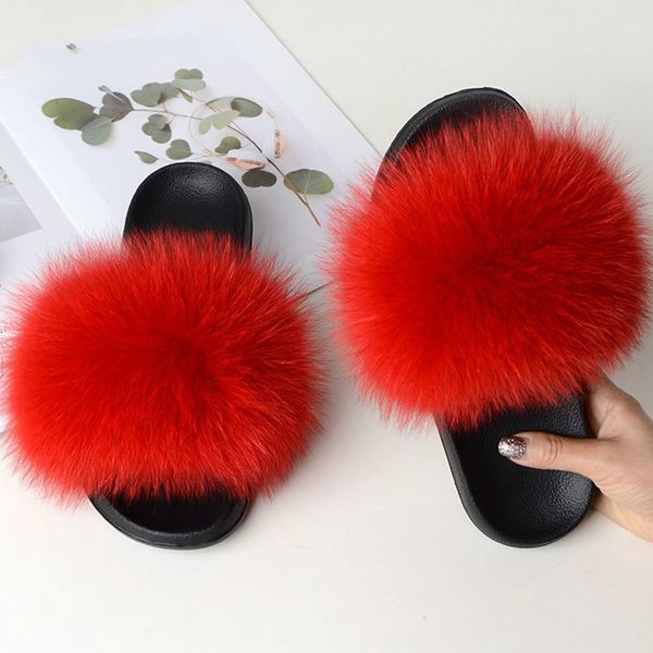 

women fur slippers fluffy real fox fur slides flat furry sandals soft plush shoes indoor slippers ladies cute fuzzy fur slides, Black