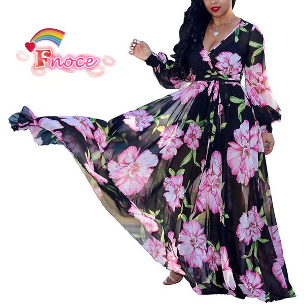 

2019 summer women maxi dress floral print chiffon plus size boho style vestidos elegant beach long dress big size dresses, Black;gray