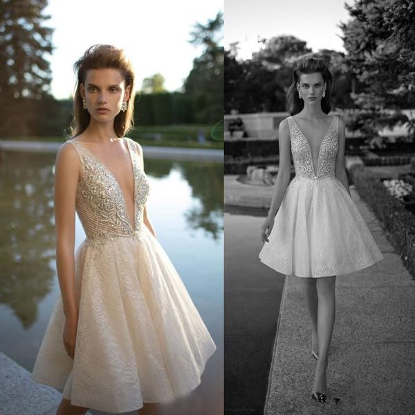 

chic pearls berta wedding dresses a-line pluning neckline lace bridal gown appliqued knee length short wedding dress 3939, White