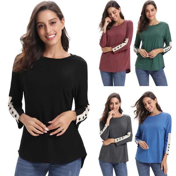 

women's casual tunic sweatshirt lace long sleeve blouse t-shirt button decor, White