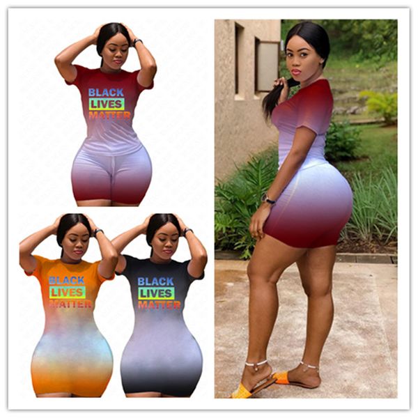 

2020 black lives matter women letters tracksuit trendy dress gradient color summer t-shirt shorts 2pcs outfits casual tshirt dresses d61207, White