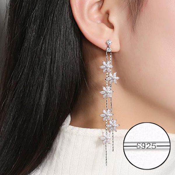 

tassel rose petal cubic zirconia drop earrings long chain tassel dangle earrings women pave cz charm jewelry, Silver