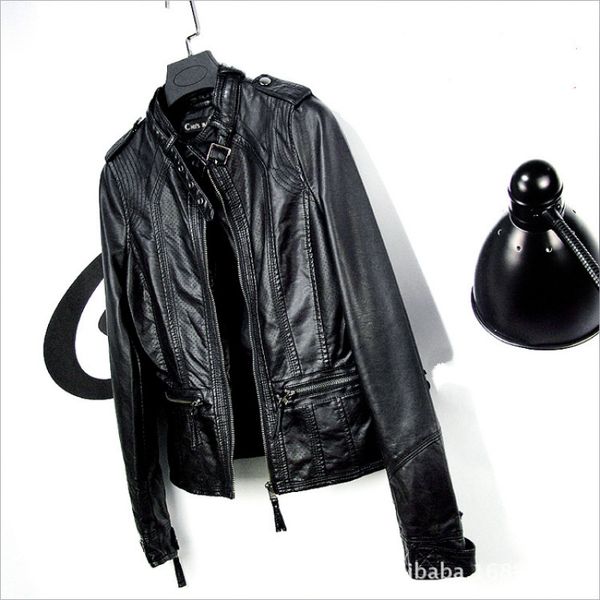 

2019 spring and autumn boutique pu leather women's spring short jacket slim slimming large size stand collar motorcycle jacket, Black
