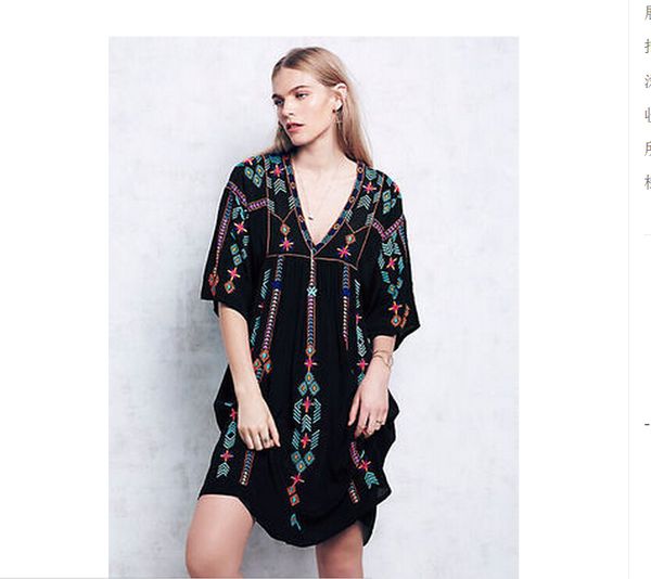 

to quality plus size mori girl women vintage ethnic flower embroidered cotton tunic maxi knee length dress big size vestidos, Black;gray