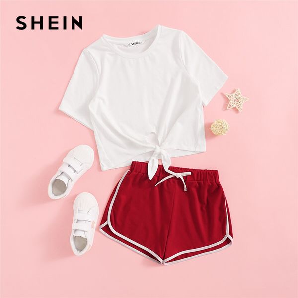 

shein kiddie girls white knot front tee and contrast binding shorts set 2019 summer active wear short sleeve kid two piece set
