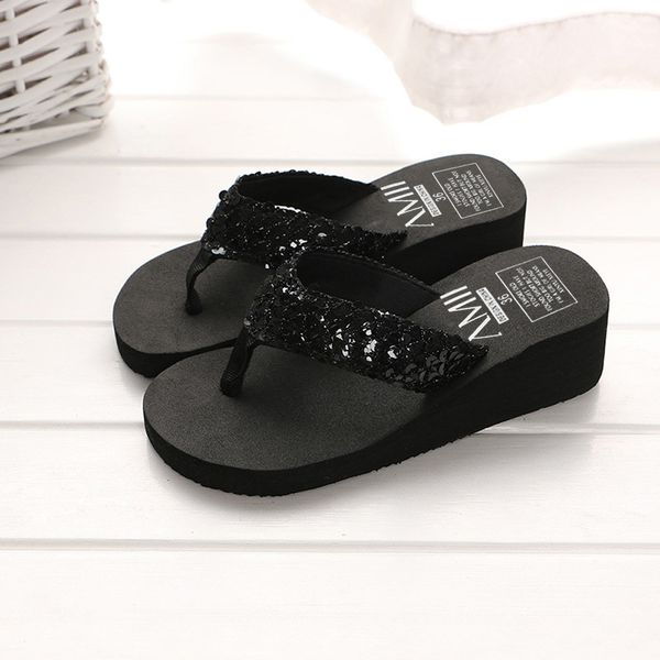 

slippers women flip flops casual sequins anti-slip slippers beach flip flat sandals beach open toe shoes for ladies shoes, Black