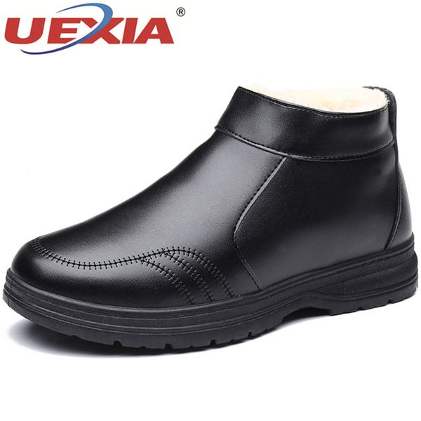 

uexia men boots winter shoes warm ankle botas hombre business dress casual leather plush winter sneakers mens middle-aged dad, Black