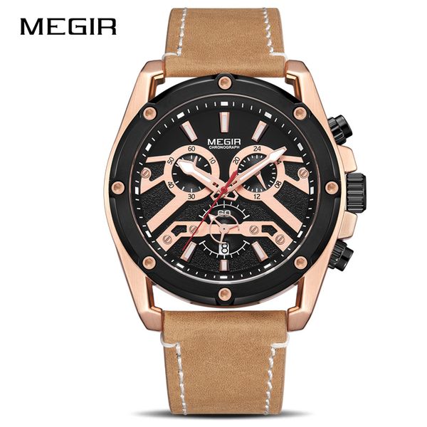 

megir quartz men watches fashion genuine leather chronograph business clock male relogio masculino erkek kol saati 2020, Slivery;brown