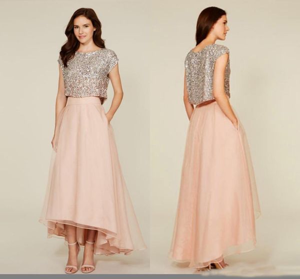 

New Sparkly Two Pieces Beach Bridesmaid Dresses Jewel Hi-Lo Coral Maid of Honor Cheap Custome Made Wedding Guest Party Gowns