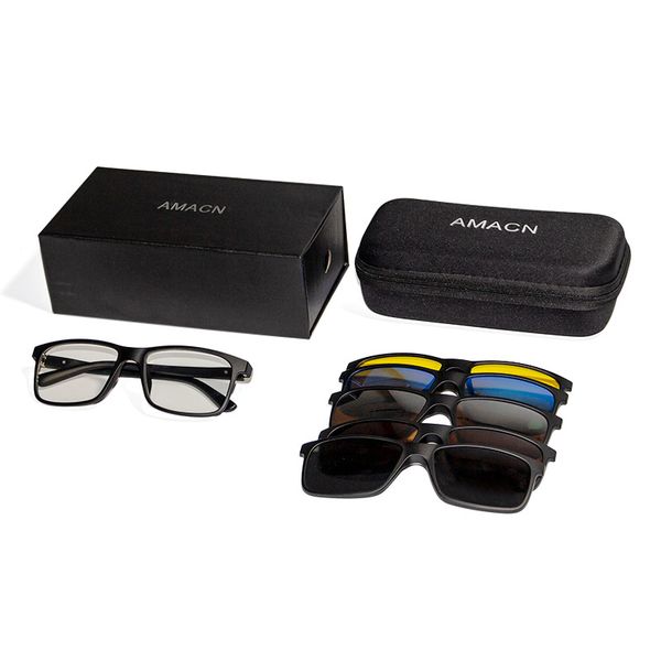 

1 set blue light blocking glasses + 5 clips on night version glasses fashion safety anti glare driving sun eyewear, White;black