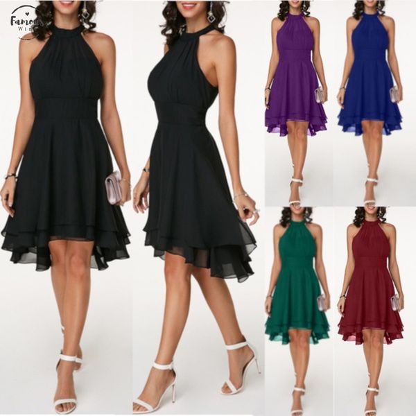 

empire 2020 new arrivals women elegant solid color soft halter sleeveless asymmetric hem one piece dress drop shipping, Black;gray