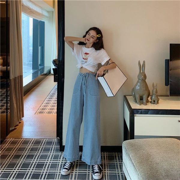 

2019 new style retro casual high waist with wide leg trousers, Blue