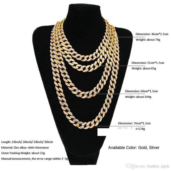 

hip hop jewelry iced out 18k gold plated full rhinestone curb miami cuban link chain necklace men bling rapper accessories 4 size length, Silver