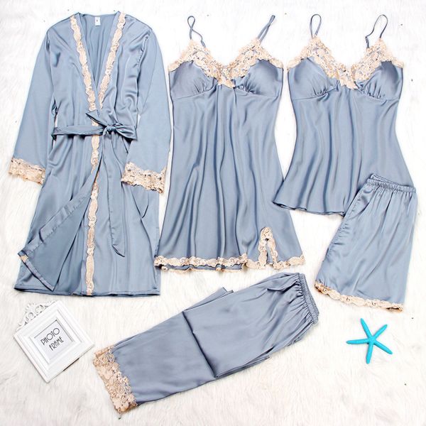 

women's robe & gown sets autumn winter 4 & 5 piece pajamas sets sleepwear womens sleep set faux silk robe femme lingerie, Black;red