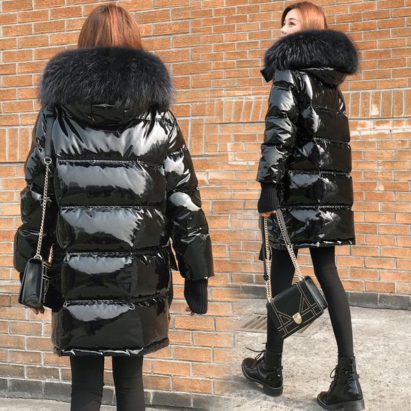 

women duck down coat long 2019 fashion female white duck down jaket ultra-large genuine fur raccoon collar windbreak warm, Black