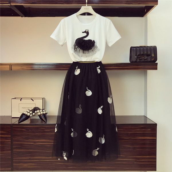 

beading embroidery swan t-shirt long mesh skirt 2 piece sets summer new cotton pleated tulle skirt suits, White
