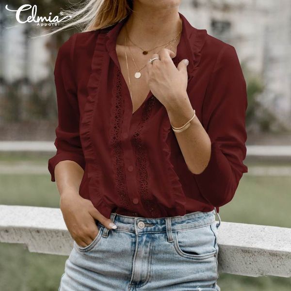 

celmia oversized women white lace blouse long sleeve ruffles shirt casual loose hollow out female elegant office blusas 5xl