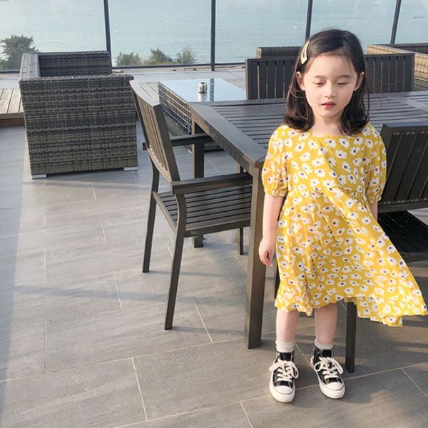 

летние девушки платья цветочные печати слоеного рукав midi шифоновое платье принцессы дети sundress пляж платье девушки одежды, Red;yellow