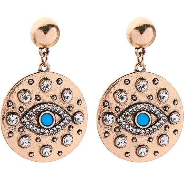 

2020 delicate jewelry vintage evil eye crystal dangle earrings round coin engraved blue eye simple fashion women girl lucky charm earrings, Silver