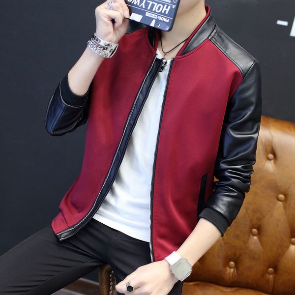 

2020 man autumn pu leather stitching jacket young men handsome baseball suit slim, Black;brown