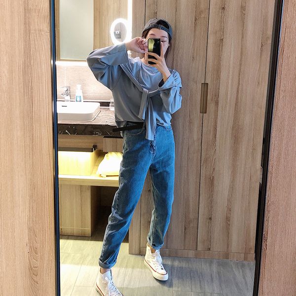 

amazon 2019 autumn new products dark color jeans women's casual versatile even belt trousers outer wear 2032, Blue