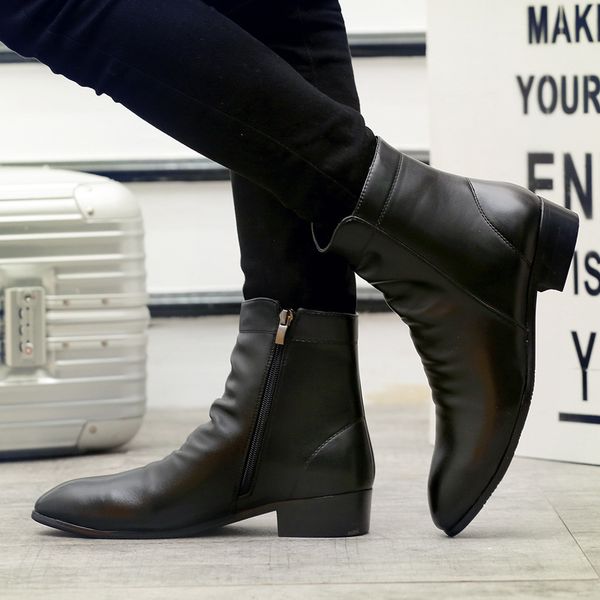

classics pleated boots men dress ankle fringe pointed toe martin boots concise solid zip med winter motorcycle shoes, Black
