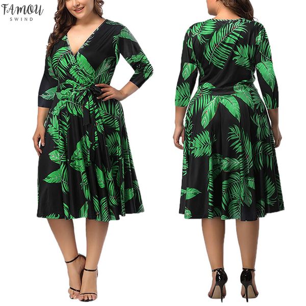 

dresses of large size 5 xl women's plus size dress v-neck print elegant sashes large dress vestido talla grande #g7, Black;gray