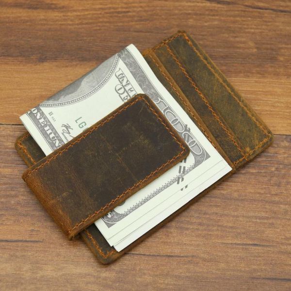 

vintage genuine leather crazy horse men's money clip wallet cradit id card slot holder coin pocket for man male 7017, Black