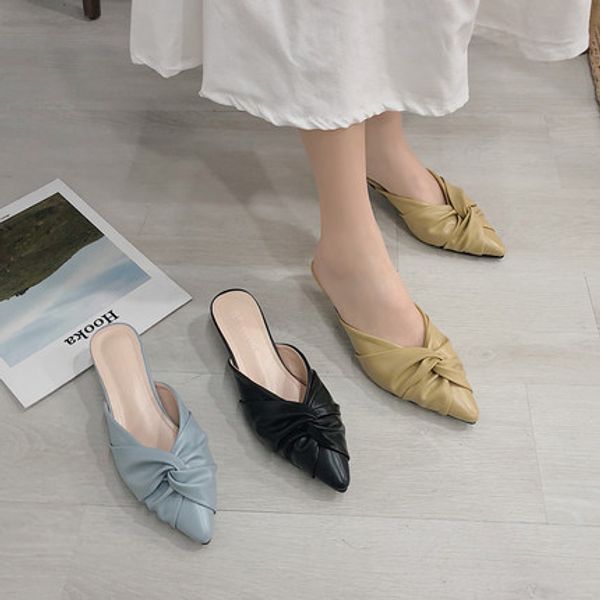 

2020 lady shoes point toe knitting leather mules as0044, Black