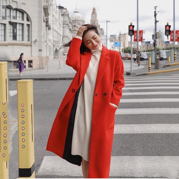 

women's fashion thick long wool coat 2019 autumn and winter new double-breasted woolen thick woolen coat windbreaker large size, Black