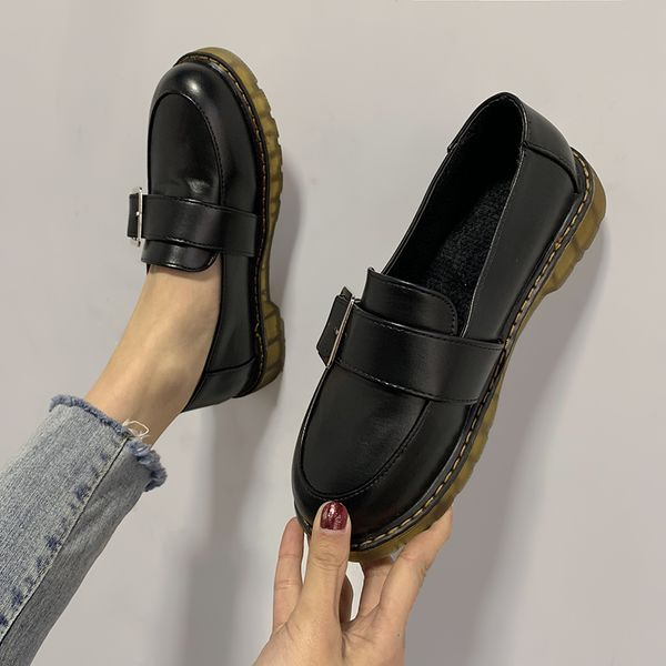 

womens derby shoes casual female sneakers all-match shallow mouth round toe british style soft autumn flats leather winter, Black
