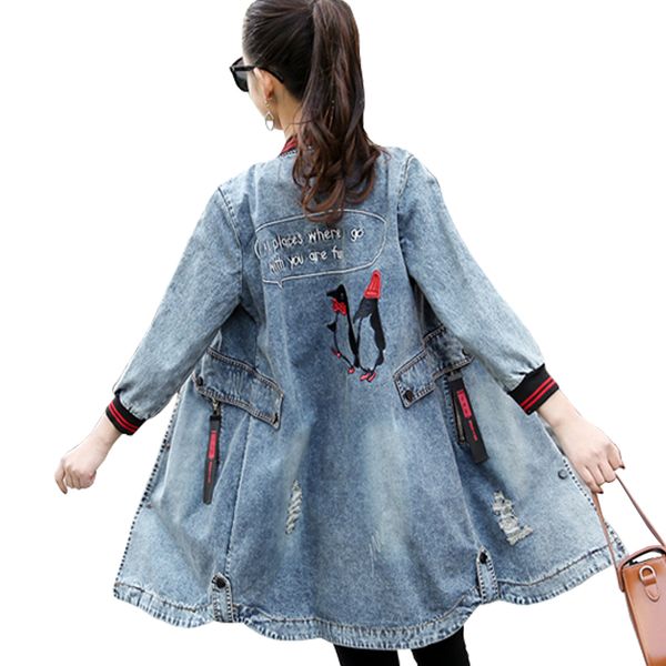 

embroidery denim jacket coat 2018 spring long ripped denim jacket women plus size jeans jackets women loose, Black;brown