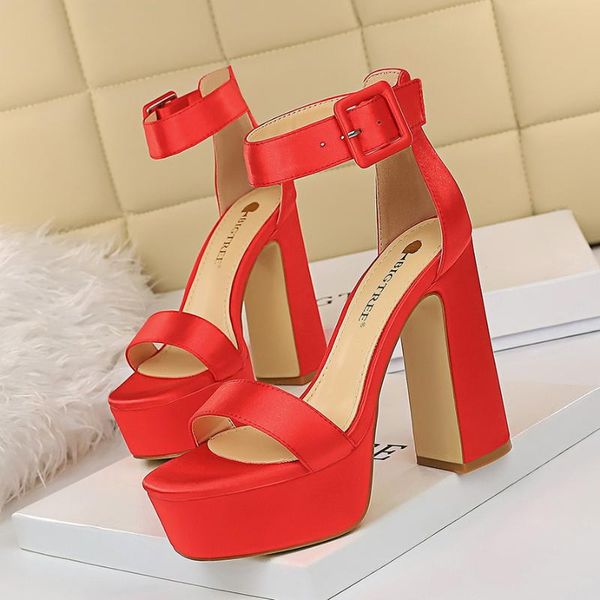 

bigtree super high heel sandals women waterproof platform satin square head open toe sandals summer ladies shoes high heels, Black