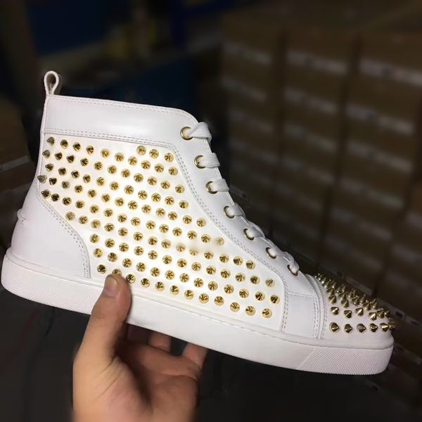 

2020 wholesale white genuine leather& golden spikes red bottom sneakers shoes comfort high women,men walking fashion flats, Black