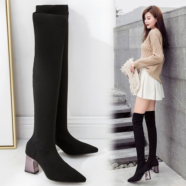 

2019 winter women over the knee slip-on square 8cm high heels boots female long sock boots ladies luxury winter shoes, Black