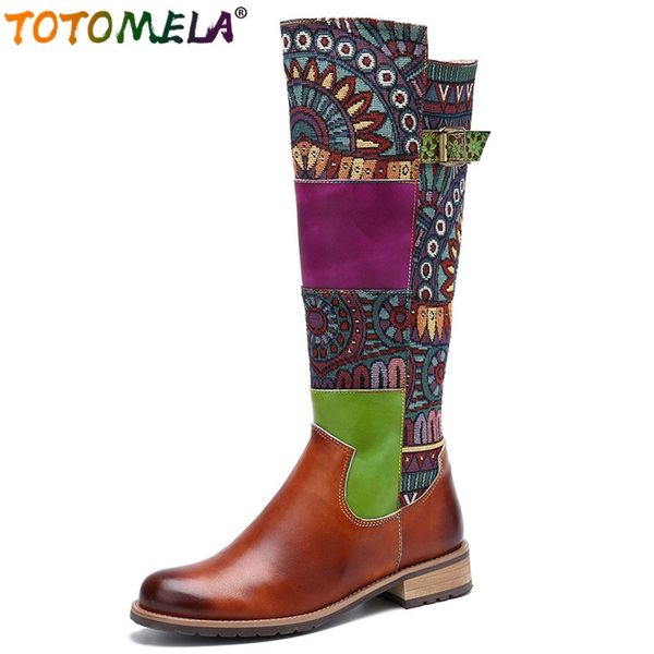 

totomela plus size 36-42 cow genuine leather boots women bohemia ladies knee high boots patchwork zip retro autumn winter, Black